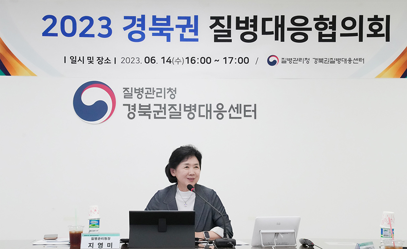 지영미 청장이, 보건의료 민·관 전문가 의견을 수렴하기 위한 ‘경북권질병대응협의회’ 회의를 하고 있다.