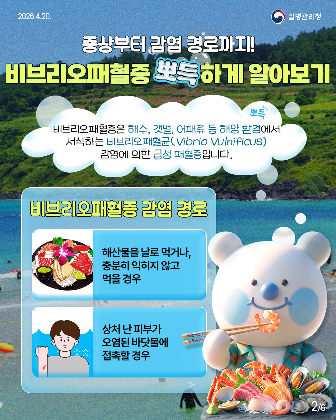 비브리오패혈증은 해수, 갯벌, 어패류 등 해양 환경에서"= 서식하는 비브리오패혈균(Vibrio Vulnificus)  감염에 의한 급성 패혈증입니다.  비브리오패혈증 감염 경로  해산물을 날로 먹거나, 충분히 익히지 않고 먹을 경우  상처난 피부가 오염된 바닷물에 접촉할 경우