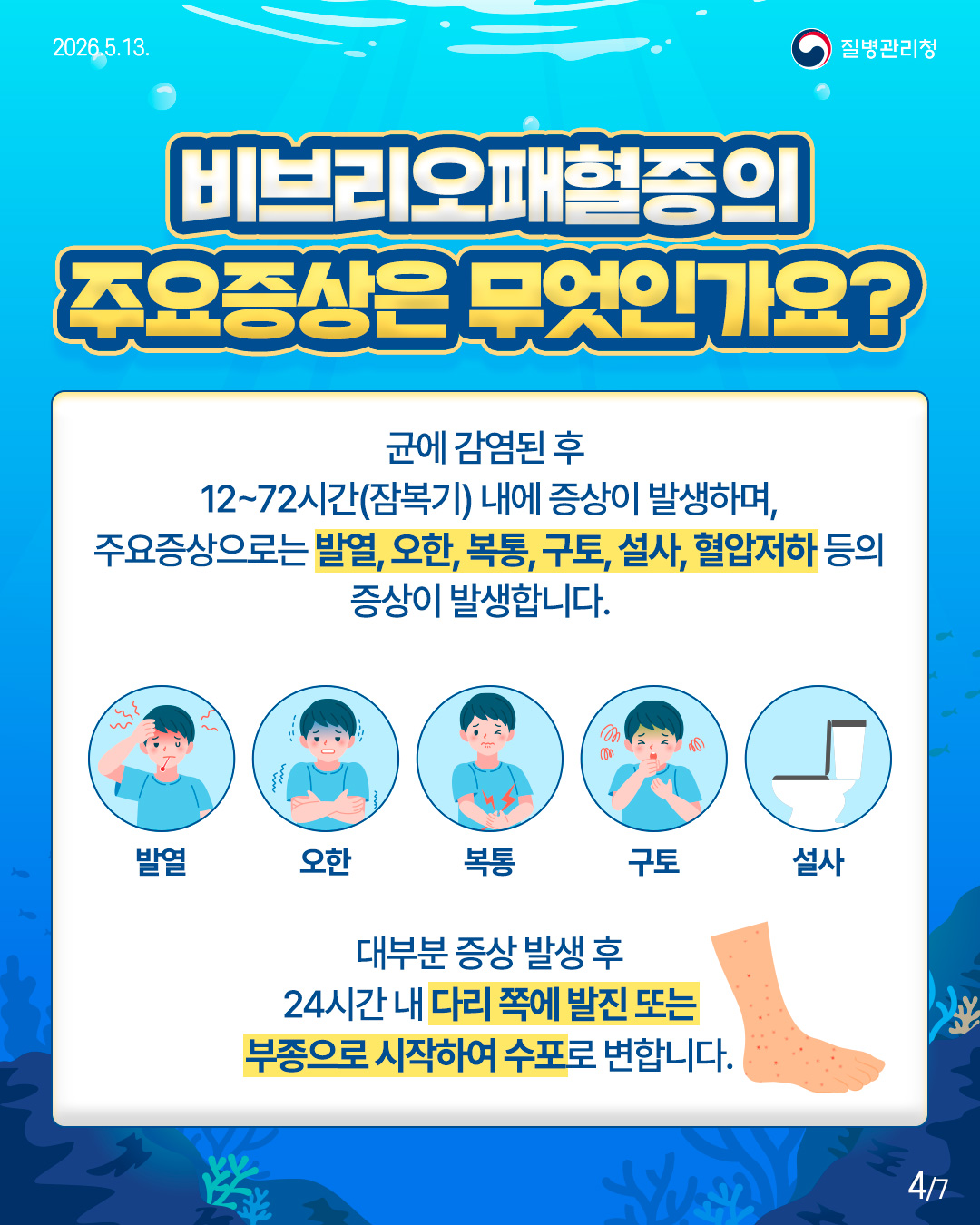 비브리오패혈증의 주요증상은 무엇인가요?  균에 감염된 후 12~72시간(잠복기) 내에 증상이 발생하며, 주요증상으로는 발열, 오한, 복통, 구토, 설사, 혈압저하 등의 증상이 발생합니다.  발열 오한 복통 구토 설사  대부분 증상 발생 후 24시간 내 다리에 발진 또는 부종으로 시작하여 수포로 변합니다.