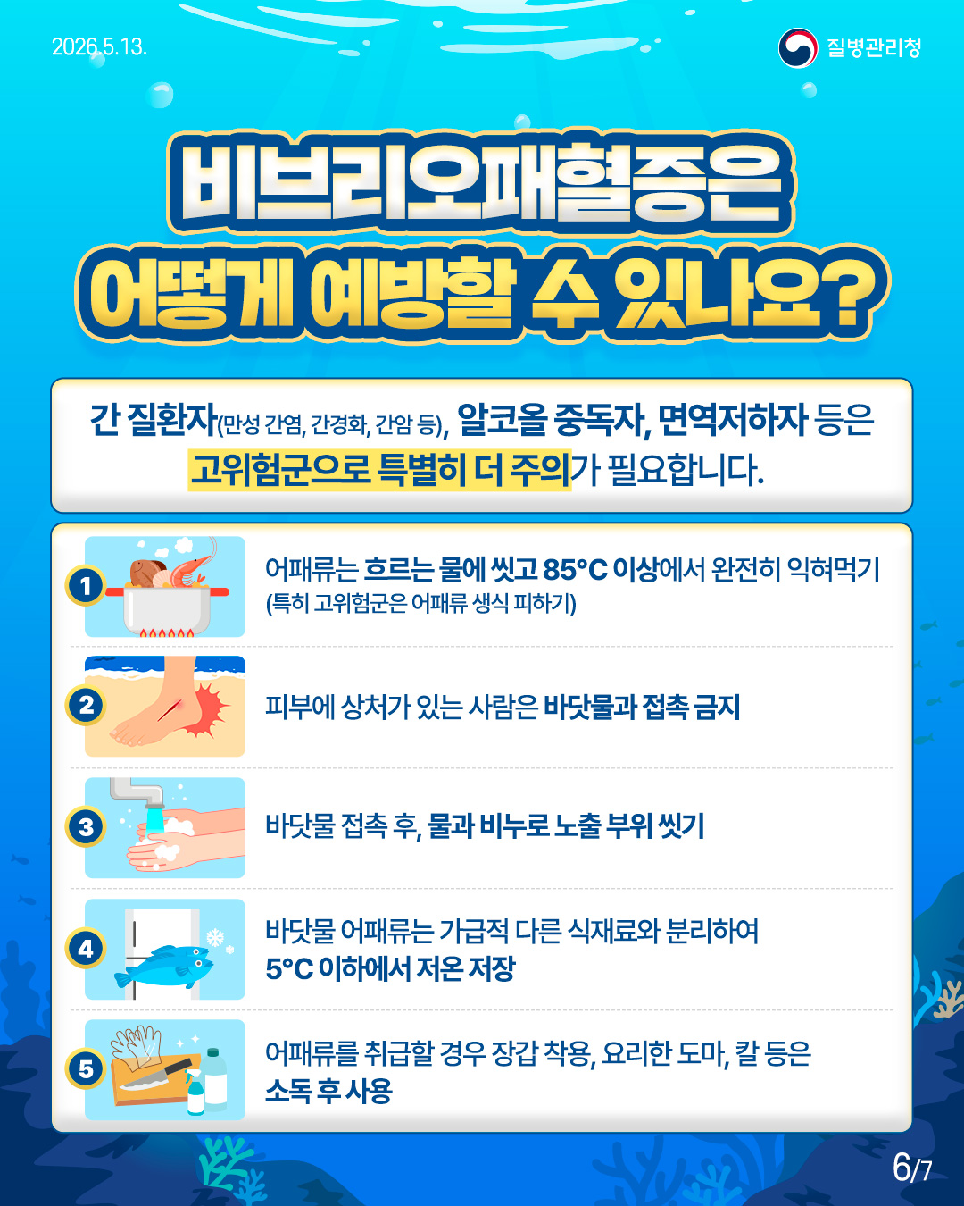 비브리오패혈증은 어떻게 예방할 수 있나요?  간 질환자(만성 간염, 간경화, 간암 등), 알코올 중독자, 면역저하자 등은 고위험군으로 특별히 더 주의가 필요합니다.  ① 어패류는 흐르는 물에 씻고 85℃ 이상에서 완전히 익혀먹기 (특히 고위험군은 어패류 생식 피하기) ② 피부에 상처가 있는 사람은 바닷물과 접촉 금지 ③ 바닷물 접촉 후, 물과 비누로 노출 부위 씻기 ④ 바닷물 어패류는 가급적 다른 식재료와 분리하여 5℃ 이하에서 저온 저장 ⑤ 어패류를 취급할 경우 장갑 착용, 요리한 도마, 칼 등은 소독 후 사용