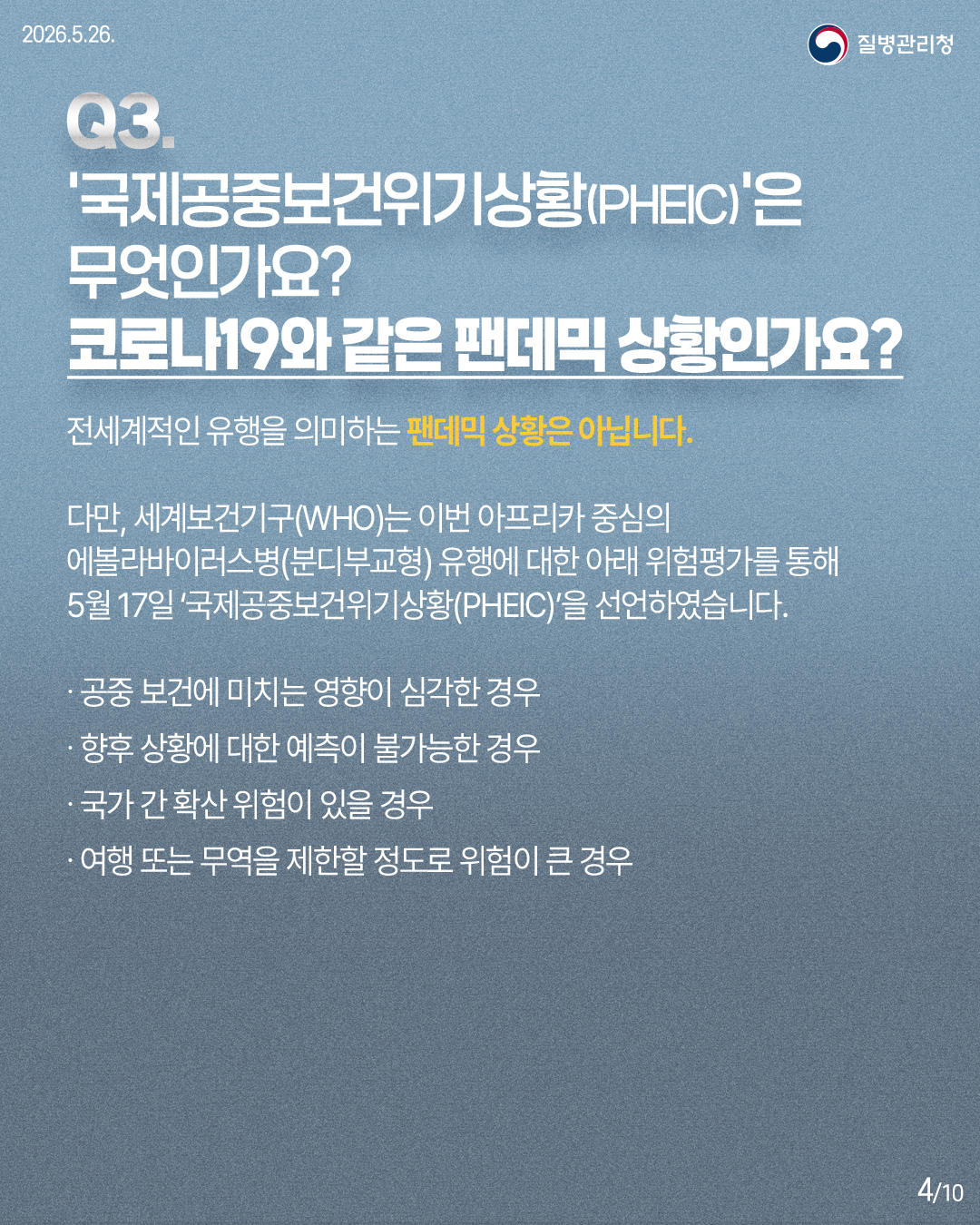 전세계적인 유행을 의미하는 팬데믹 상황은 아닙니다. 다만, 세계보건기구(WHO)는 이번 아프리카 중심의 에볼라바이러스병(분디부교형) 유행에 대한 아래 위험평가를 통해 5월 17일 '국제공중보건위기상황(PHEIC)'을 선언하였습니다. &middot;공중 보건에 미치는 영향이 심각한 경우 &middot;향후 상황에 대한 예측이 불가능한 경우 &middot;국가 간 확산 위험이 있을 경우 &middot;여행 또는 무역을 제한할 정도로 위험이 큰 경우
