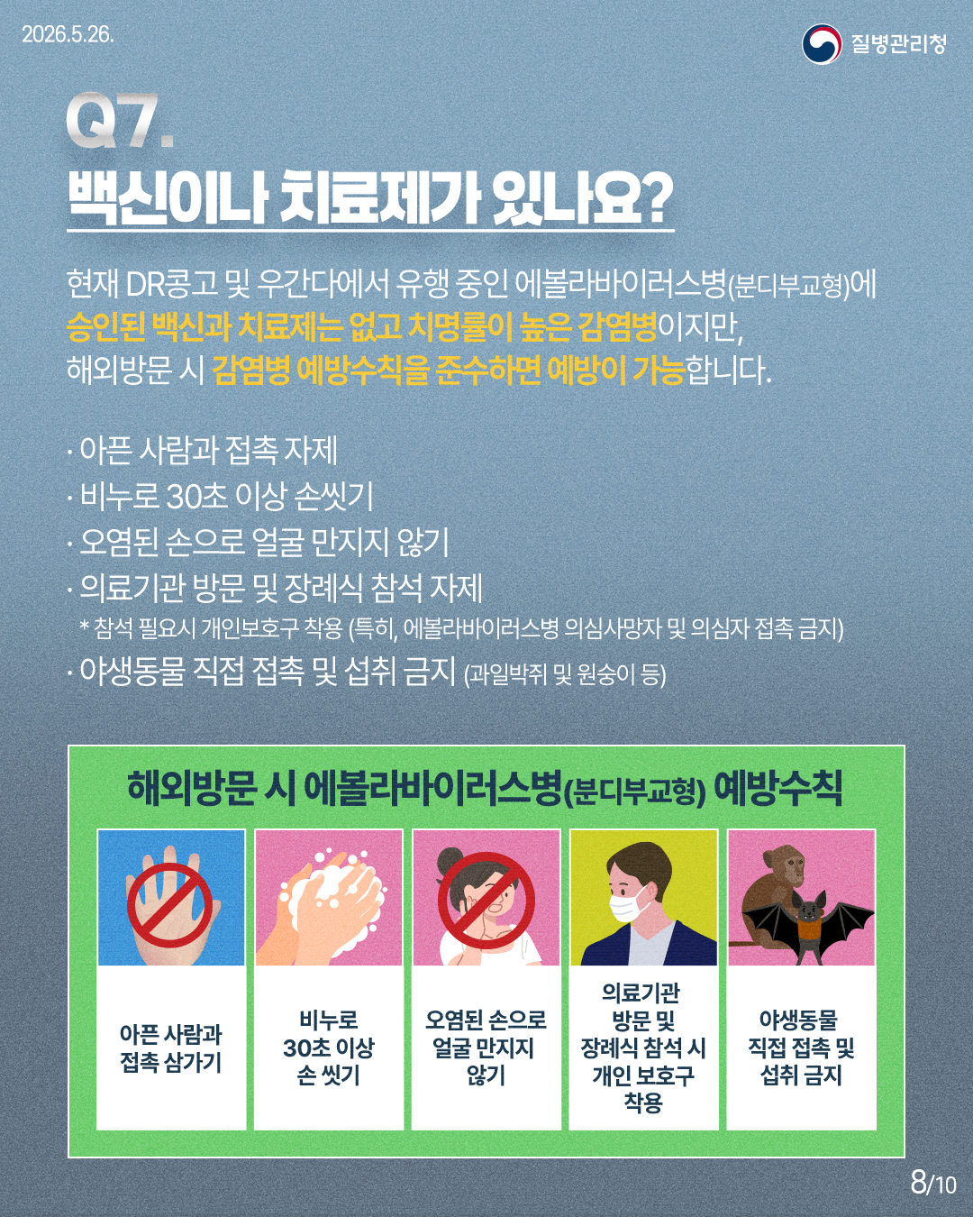현재 DR콩고 및 우간다에서 유행 중인 에볼라바이러스병(분디부교형)에 승인된 백신과 치료제는 없고 치명률이 높은 감염병이지만, 해외방문 시 감염병 예방수칙을 준수하면 예방이 가능합니다. &middot;아픈 사람과 접촉 자제 &middot;비누로 30초 이상 손씻기 &middot;오염된 손으로 얼굴 만지지 않기 &middot;의료기관 방문 및 장례식 참석 자제 *참석 필요시 개인보호구 착용 (특히, 에볼라바이러스병 의심사망자 및 의심자 접촉 금지) &middot;야생동물 직접 접촉 및 섭취 금지(과일박쥐 및 원숭이 등) 해외방문 시 에볼라바이러스병(분디부교형) 예방수칙 아픈 사람과 접촉 삼가기 비누로 30초 이상 손 씻기 오염된 손으로 얼굴 만지지 않기 의료기관 방문 및 장례식 참석 시 개인 보호구 착용 야생동물 직접 접촉 및 섭취 금지