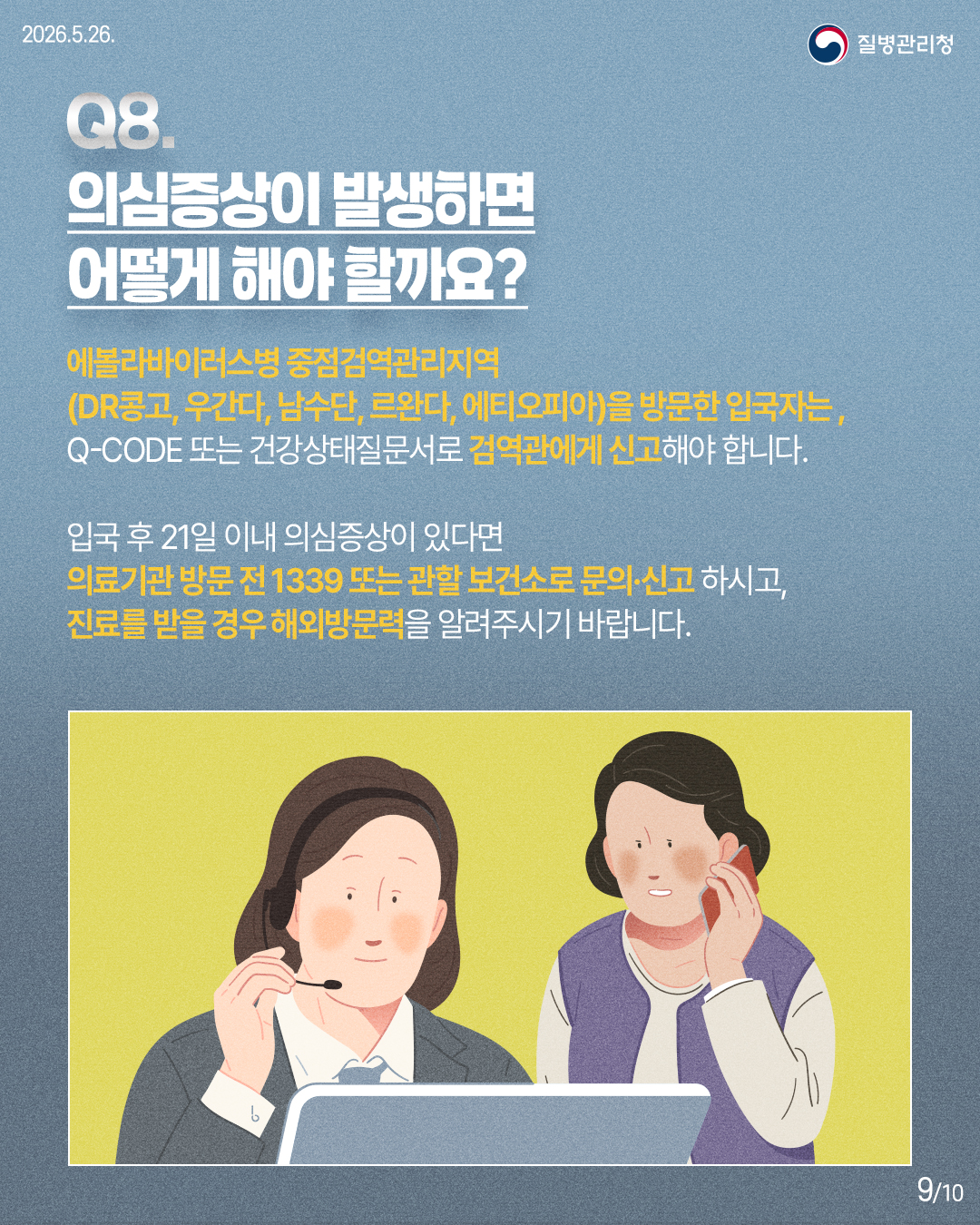 에볼라바이러스병 중점검역관리지역(DR콩고, 우간다, 남수단, 르완다, 에티오피아)을 방문한 입국자는, Q-CODE 또는 건강상태질문서로 검역관에게 신고해야 합니다. 입국 후 21일 이내 의심증상이 있다면 의료기관 방문 전 1339 또는 보건소로 문의&middot;신고 하시고, 진료를 받을 경우 해외방문려을 알려주시기 바랍니다.
