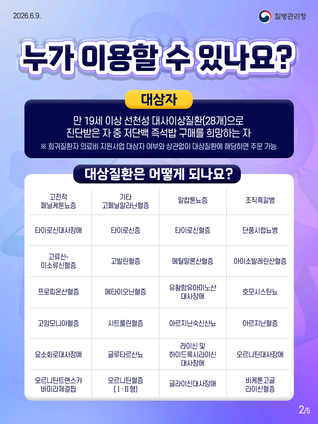 2페이지 누가 이용할 수 있나요? 대상자 만 19세 이상 선천성 대사이상질환(28개)으로 진단받은 자 중 저단백 즉석밥 구매를 희망하는 자 ※ 희귀질환자 의료비 지원사업 대상자 여부와 상관없이 대상질환에 해당하면 주문 가능 대상질환은 어떻게 되나요? 고전적 페닐케톤뇨증 / 기타 고페닐알라닌혈증 / 알캅톤뇨증 / 조직흑갈변 타이로신대사장애 / 타이로신증 / 타이로신혈증 / 단풍시럽뇨병 고류신-이소류신혈증 / 고발린혈증 / 메틸말론산혈증 / 아이소발레린산혈증 프로피온산혈증 / 메타이오닌혈증 / 유황함유아미노산 대사장애 / 호모시스틴뇨 고암모니아혈증 / 시트룰린혈증 / 아르기닌숙신산뇨 / 아르기닌혈증 요소회로대사장애 / 글루타르산뇨 / 라이신 및 하이드록시라이신 대사장애 / 오르니틴대사장애 오르니틴트랜스카바미라제결핍 / 오르니틴혈증(Ⅰ·Ⅱ형) / 글라이신대사장애 / 비케톤고글라이신혈증