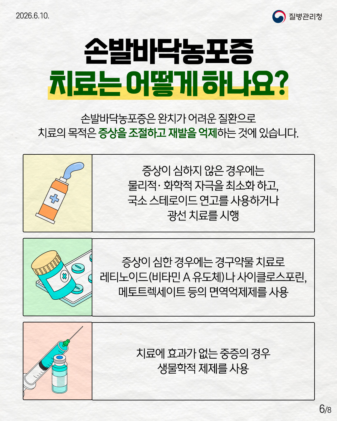 6페이지 손발바닥농포증 치료는 어떻게 하나요? 손발바닥농포증은 완치가 어려운 질환으로 치료의 목적은 증상을 조절하고 재발을 억제하는 것에 있습니다. 증상이 심하지 않은 경우에는 물리적 · 화학적 자극을 최소화 하고, 국소 스테로이드 연고를 사용하거나 광선 치료를 시행 증상이 심한 경우에는 경구약물 치료로 레티노이드(비타민 A 유도체)나 사이클로스포린, 메토트렉세이트 등의 면역억제제를 사용 치료에 효과가 없는 중증의 경우 생물학적 제제를 사용