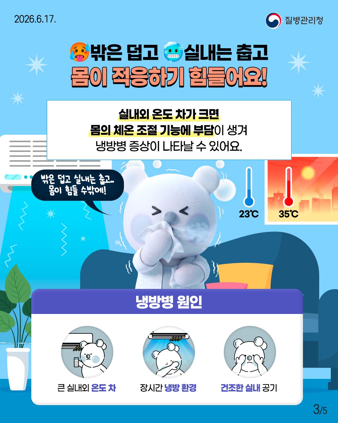 밖은 덥고 실내는 춥고 몸이 적응하기 힘들어요!  실내외 온도 차가 크면 몸의 체온 조절 기능에 부담이 생겨 냉방병 증상이 나타날 수 있어요. <냉방병 원인> - 큰 실내외 온도 차 - 장시간 냉방 환경 - 건조한 실내 공기