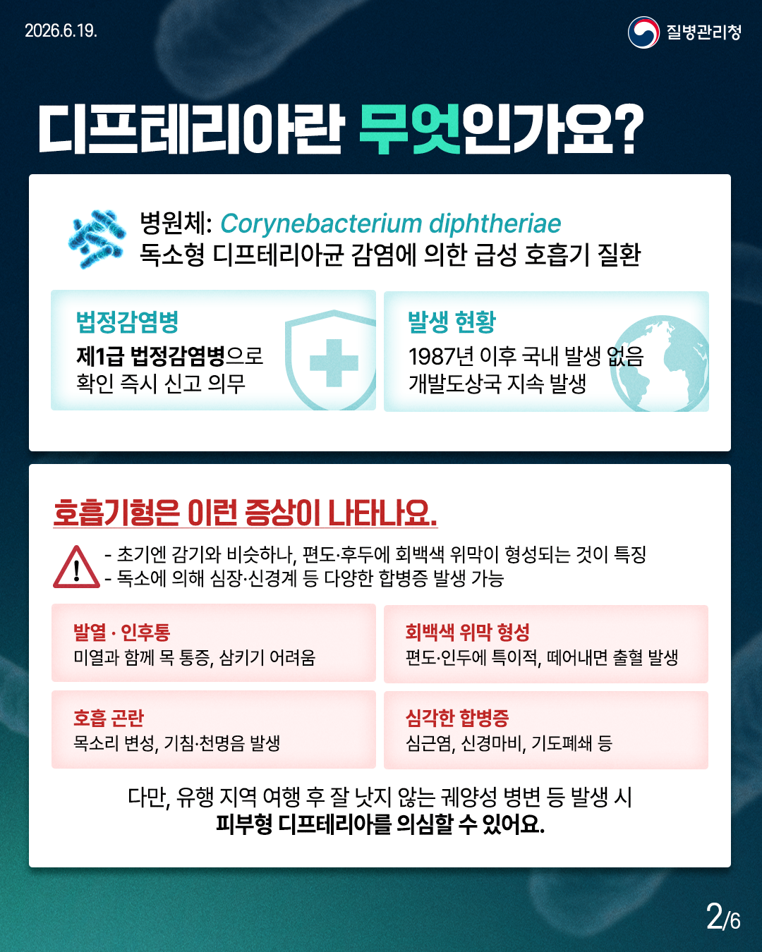 디프테리아란 무엇인가요?  병원체: Corynebacterium diphtheriae 독소형 디프테리아균 감염에 의한 급성 호흡기 질환  <법정감염병> 제1급 법정감염병으로 확인 즉시 신고의무  <발생 현황> 1987년 이후 국내 발생 없음 개발도상국 지속 발생  호흡기형은 이런 증상이 나타나요. - 초기엔 감기와 비슷하나, 편도·후두에 회백색 위막이 형성되는 것이 특징 - 독소에 의해 심장·신경계 등 다양한 합병증 발생 가능  발열· 인후통 : 미열과 함께 목 통증, 삼키기 어려움  회백색 위막 형성 : 편도·인두에 특이적, 떼어내면 출혈 발생  호흡 곤란 : 목소리 변성, 기침·천명음 발생  심각한 합병증 : 심근염, 신경마비, 기도폐쇄 등  다만, 유행 지역 여행 후 잘 낫지 않는 궤양성 병변 등 발생 시 피부형 디프테리아를 의심할 수 있어요.