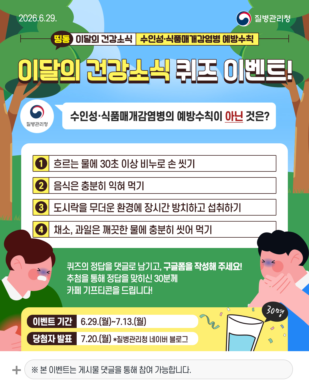 이달의 건강소식 퀴즈 이벤트!  수인성&middot;식품매개감염병의 예방수칙이 아닌 것은?  1 흐르는 물에 30초 이상 비누로 손 씻기 2 음식은 충분히 익혀 먹기 3 도시락을 무더운 환경에 장시간 방치하고 섭취하기 4 채소, 과일은 깨끗한 물에 충분히 씻어 먹기  퀴즈의 정답을 댓글로 남기고, 구글폼을 작성해 주세요! 추첨을 통해 정답을 맞히신 30분께 카페 기프티콘을 드립니다!  이벤트 기간 6.29.(월)~7.13.(월) 당첨자 발표 7.20.(월) 질병관리청 네이버 블로그  ※ 본 이벤트는 게시물 댓글을 통해 참여 가능합니다.