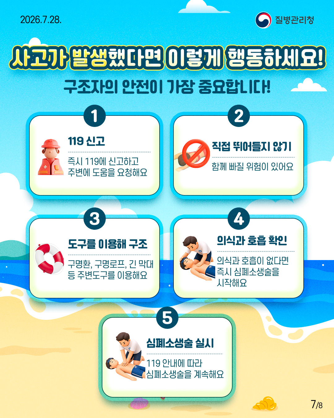 사고가 발생했다면 이렇게 행동하세요!  구조자의 안전이 가장 중요합니다!  ①  119 신고 즉시 119에 신고하고 주변에 도움을 요청해요  ②  직접 뛰어들지 않기 함께 빠질 위험이 있어요  ③  도구를 이용해 구조 구명환, 구명로프, 긴 막대 등 주변도구를 이용해요  ④  의식과 호흡 확인 의식과 호흡이 없다면 즉시 심폐소생술을 시작해요  ⑤  심폐소생술 실시 119 안내에 따라 심폐소생술을 계속해요