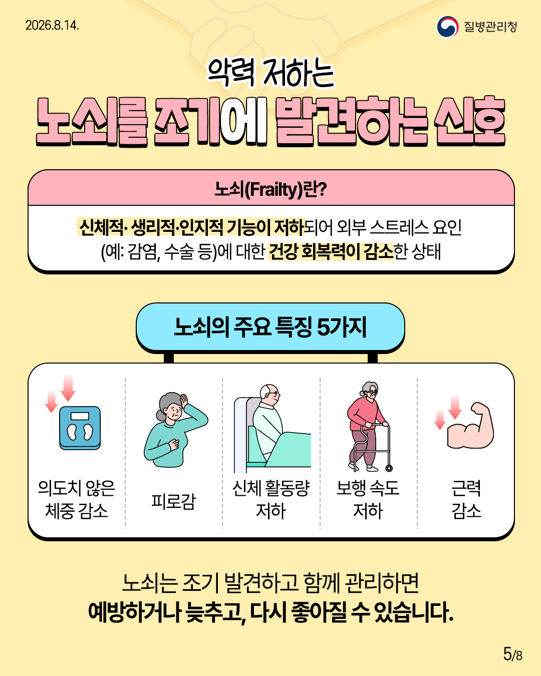 악력 저하는 노쇠를 조기에 발견하는 신호  노쇠(Frailty)란?  신체적&middot;생리적&middot;인지적 기능이 저하되어 외부 스트레스 요인 (예: 감염, 수술 등)에 대한 건강 회복력이 감소한 상태  노쇠의 주요 특징 5가지  의도치 않은 체중 감소  피로감  신체 활동량 저하  보행 속도 저하  근력 감소  노쇠는 조기 발견하고 함께 관리하면 예방하거나 늦추고, 다시 좋아질 수 있습니다.