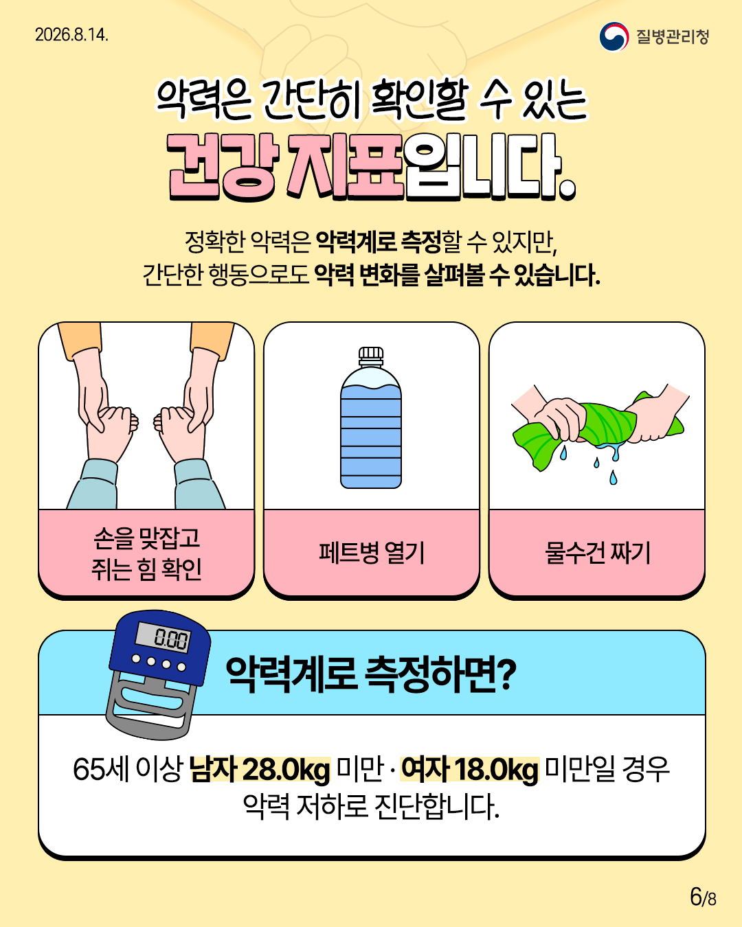 악력은 간단히 확인할 수 있는 건강 지표입니다.  정확한 악력은 악력계로 측정할 수 있지만, 간단한 행동으로도 악력 변화를 살펴볼 수 있습니다.  손을 맞잡고 주는 힘 확인  페트병 열기  물수건 짜기  악력계로 측정하면?  65세 이상 남자 28.0kg 미만 &middot; 여자 18.0kg 미만일 경우 악력 저하로 진단합니다.
