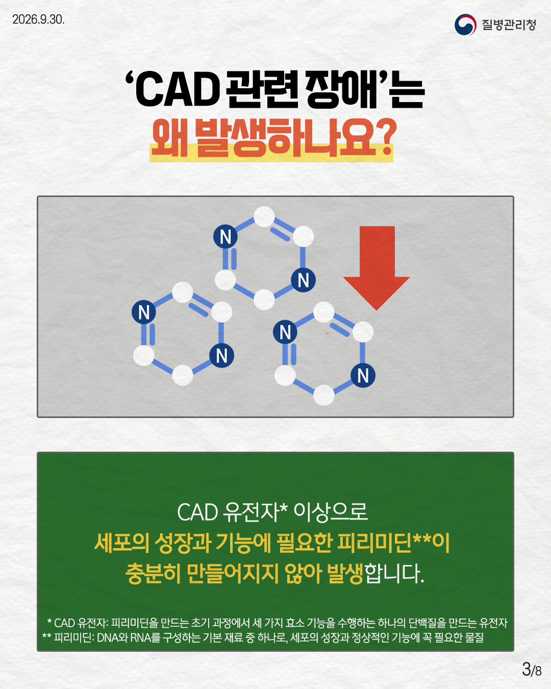 'CAD 관련장애'는 왜 발생하나요? CAD 유전자* 이상으로 세포의 성장과 기능에 필요한 피리미딘**이 충분히 만들어지지 않아 발생합니다. 질병관리청 * CAD 유전자: 피리미딘을 만드는 초기 과정에서  세 가지 효소 기능을 수행하는 하나의 단백질을 만드는 유전자 **피리미딘: DNA와 RNA를 구성하는 기본 재료 중 하나로,  세포의 성장과 정상적인 기능에 꼭 필요한 물질