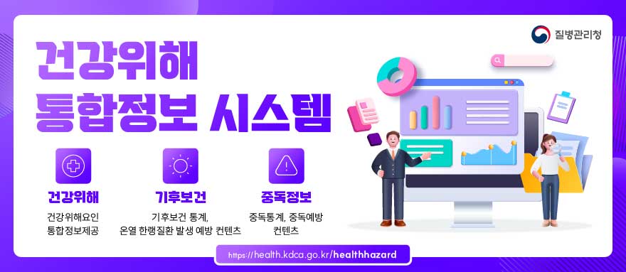(질병관리청) 건강위해 통합정보 시스템  -건강위해 : 건강위해요인 통합 정보제공. -기후보건 : 기후보건 통계, 온열 한랭질환 발생 예방 컨텐츠. -중독정보 : 중독통계, 중독예방 컨텐츠. https://health.kdca.go.kr/healthhazard