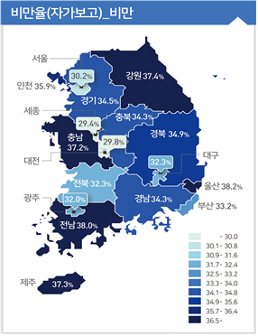 <시&middot;도별 비만율 현황(단위: %)>  서울 30.2 부산 33.2 대구 32.3 인천 35.9 광주 32.0 대전 29.8 울산 38.2 세종 29.4 경기 34.5 강원 37.4 충북 34.3 충남 37.2 전북 32.3 전남 38.0 경북 34.9 경남 34.3 제주 37.3
