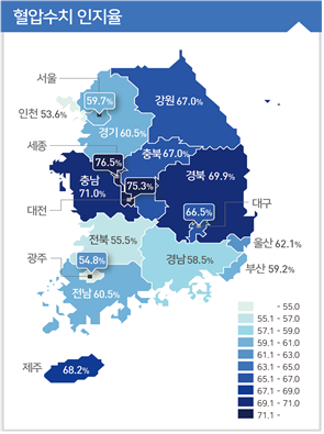 <시&middot;도별 혈압수치 인지율 현황(단위: %)>  서울 59.7 부산 59.2 대구 66.5 인천 53.6 광주 54.8 대전 75.3 울산 62.1 세종 76.5 경기 60.5 강원 67.0 충북 67.0 충남 71.0 전북 55.5 전남 60.5 경북 69.9 경남 58.5 제주 68.2