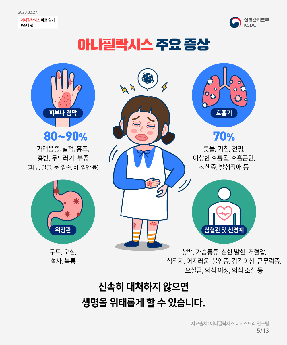 (왼쪽 상단) 2020년 2월 27일 아나필락시스 바로알기 소아편 본문 13쪽 중 5쪽, (오른쪽 상단) 질병관리본부 로고, 아나필락시스 주요 증상, 손, 폐, 위장관, 심혈관 및 신경계 그림이 있고 증상이 표시된 그림이 있습니다. 피부나 점막 80-90%, 가려움증, 발적, 홍조, 홍반, 두드러기, 부종(피부, 얼굴, 눈, 입술, 혀, 입안 등), 호흡기 70%, 콧물, 기침, 천명, 이상한 호흡음, 호흡곤란, 청색증, 발성장애 등, 위장관 구토, 오심, 설사, 복통, 심혈관 및 신경계: 창백, 가슴통증, 심한 발한, 저혈압, 심정지, 어지러움, 불안증, 감각이상, 근무력증, 요실금, 의식 이상, 의식 소실 등, 신속히 대처하지 않으면 생명을 위태롭게 할 수 있습니다. 자료출처: 아나필락시스 레지스트리 연구팀
