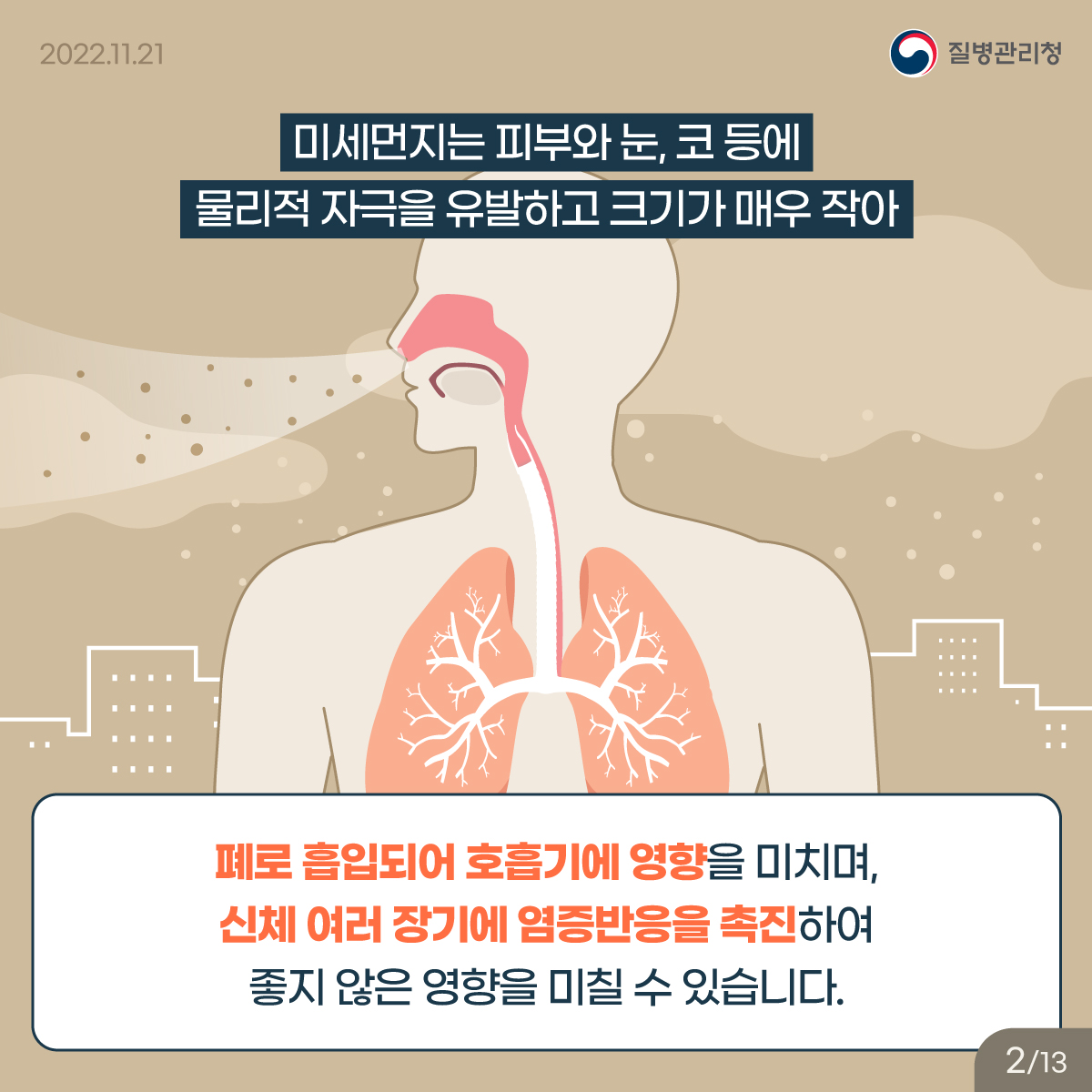 미세먼지는 피부와 눈, 코 등에 물리적 자극을 유발하고 크기가 매우 작아 폐로 흡입되어 호흡기에 영향을 미치며, 신체 여러 장기에 염증반응을 촉진하여 좋지 않은 영향을 미칠 수 있습니다.