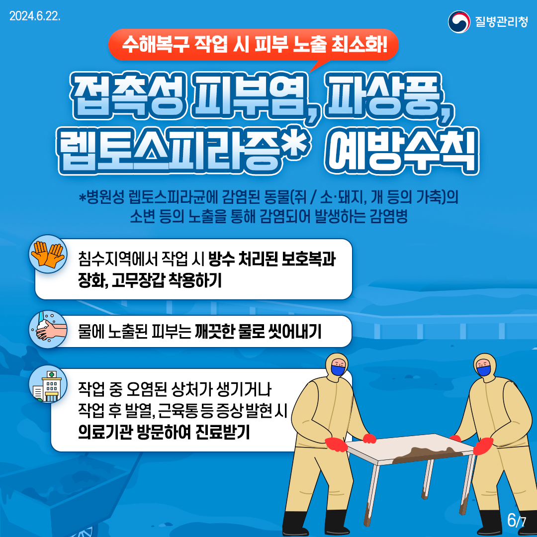 수해복구 작업 시 피부 노출 최소화! [접촉성 피부염, 파상풍, 렙토스피라증* 예방수칙] *병원성 렙토스피라균에 감염된 동물(쥐/ 소·돼지, 개 등의 가축)의 소변 등의 노출을 통해 감염되어 발생하는 감염병 - 침수지역에서 작업 시 방수 처리된 보호복과 장화, 고무장갑 착용하기 - 물에 노출된 피부는 깨끗한 물로 씻어내기 - 작업 중 오염된 상처가 생기거나 작업 후 발열 등 증상 발현 시 의료기관 방문하여 진료받기