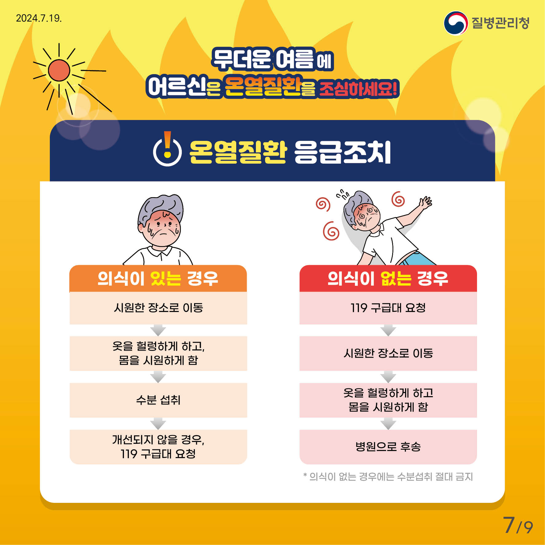 무더운 여름에 어르신은 온열질환을 조심하세요! 온열질환 응급조치 (의식이 있는 경우) 시원한 장소로 이동 → 옷을 헐렁하게 하고, 몸을 시원하게 함 → 수분섭취 → 개선되지 않을 경우, 119구급대 요청 (의식이 없는 경우) 119구급대 요청 → 시원한 장소로 이동 → 옷을 헐렁하게 하고, 몸을 시원하게 함 → 병원으로 후송 * 의식이 없는 경우에는 수분섭취 절대 금지