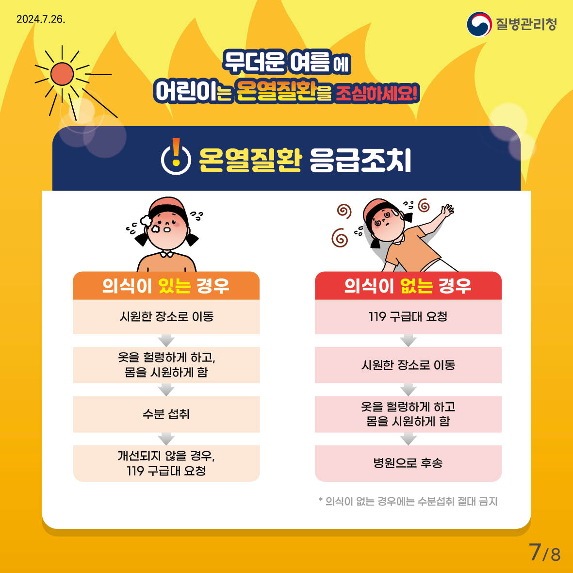 무더운 여름에 어린이는 온열질환을 조심하세요! 온열질환 응급조치 (의식이 있는 경우) 시원한 장소로 이동 → 옷을 헐렁하게 하고, 몸을 시원하게 함 → 수분섭취 → 개선되지 않을 경우, 119구급대 요청 (의식이 없는 경우) 119구급대 요청 → 시원한 장소로 이동 → 옷을 헐렁하게 하고, 몸을 시원하게 함 → 병원으로 후송 * 의식이 없는 경우에는 수분섭취 절대 금지