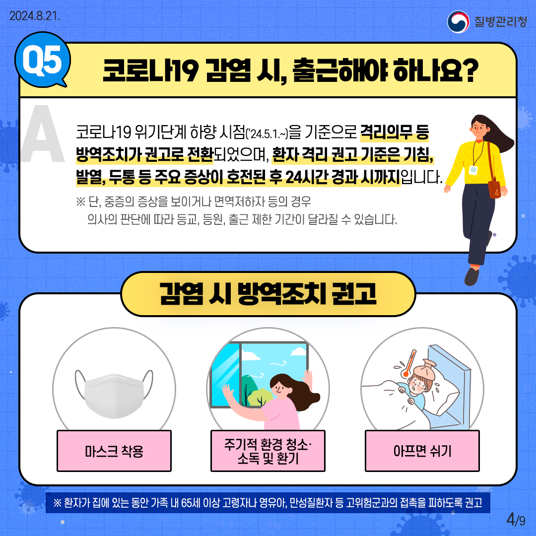 [Q5 코로나19 감염 시, 출근해야 하나요?] 코로나19 위기단계 하양 시점('24.5.1.~)을 기준으로 격리의무 등 방역조치가 권고로 전환되었으며, 환자 격리 권고 기준은 기침, 발열, 두통 등 주요 증상이 호전된 후 24시간 경과 시까지입니다. 감염 시 방역조치 권고 - 마스크 착용 - 주기적 환경 청소·소독 및 환기 - 아프면 쉬기