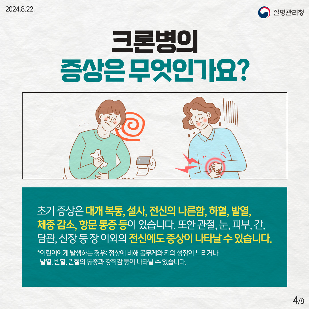 크론병의 증상은 무엇인가요? 초기 증상은 대개 복통, 설사, 전신의 나른함, 하혈, 발열, 체중 감소, 항문 통증 등이 있습니다. 또한 관절, 눈, 피부, 간, 담관, 신장 등 장 이외의 전신에도 증상이 나타날 수 있습니다. *어린이에게 발생하는 경우: 정상에 비해 몸무게와 키의 성장이 느리거나 발열, 빈혈, 관절의 통증과 강직감 등이 나타날 수 있습니다.