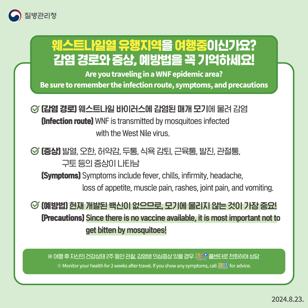 웨스트나일열 유행지역을 여행 중이신가요? 감염 경로와 증상, 예방법을 꼭 기억하세요! Are you traveling in a WNF epidemic area? Be sure to remember the infection route, symptoms, and precautions (감염 경로) 웨스트나일 바이러스에 감염된 매개 모기에 물려 감염 (Infection route) WNF is transmitted by mosquitoes infected with the West Nile virus. (증상) 발열, 오한, 허약감, 두통, 식욕 감퇴, 근육통, 발진, 관절통, 구토 등의 증상이 나타남 (Symptoms) Symptoms include fever, chills, infirmity, headache, loss of appetite, muscle pain, rashes, joint pain, and vomiting. (예방법) 현재 개발된 백신이 없으므로, 모기에 물리지 않는 것이 가장 중요! (Precautions) Since there is no vaccine available, it is most important not to get bitten by mosquitoes! ※여행 후 자신의 건강 상태 2주 동안 관찰, 감염병 의심증상 있을 경우 1339로 전화하여 상담 ※Monitor your health for 2 weeks after travel. If you show any symptoms, call 1339 for advice. 2024.8.23.