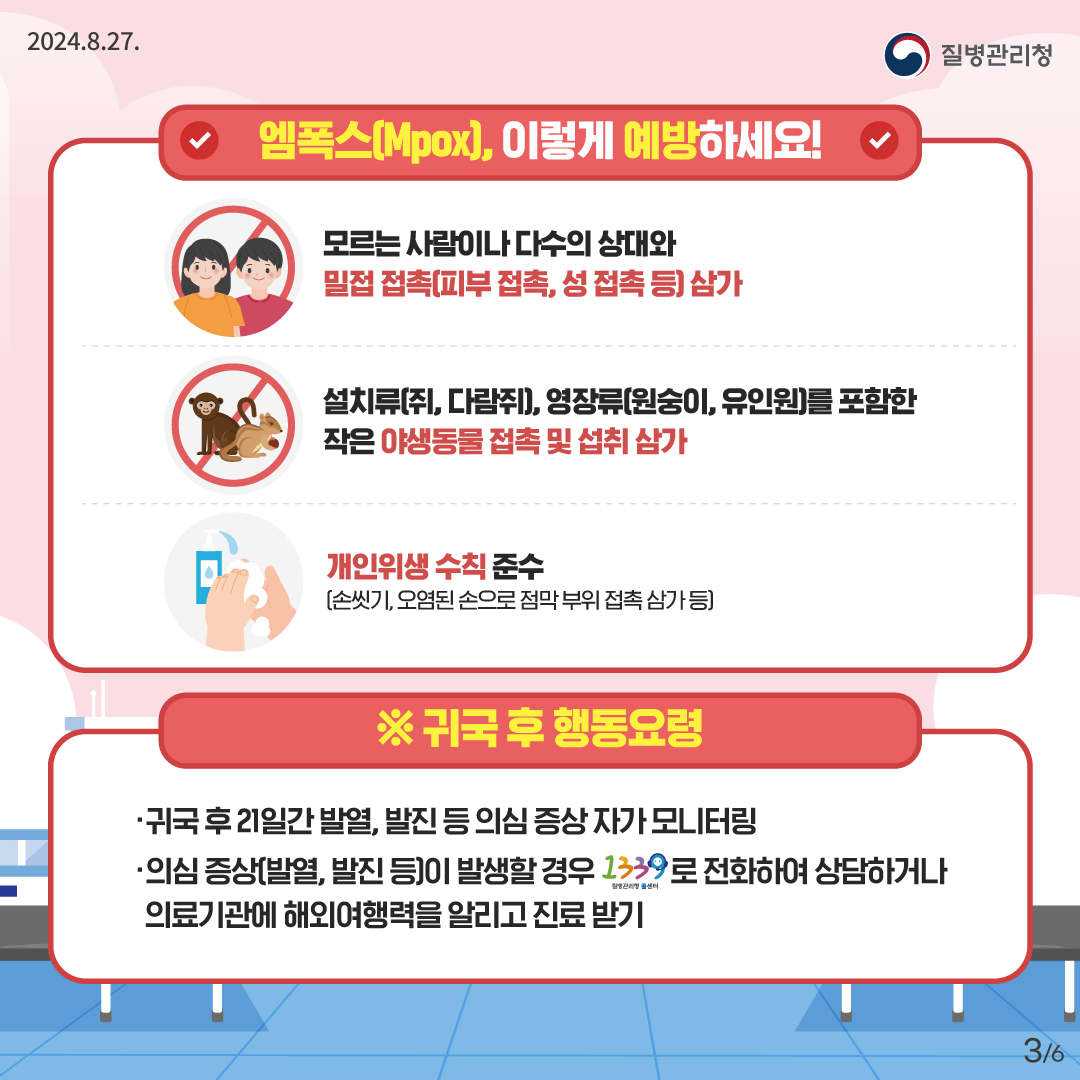 2024.8.27. 질병관리청 엠폭스(Mpox), 이렇게 예방하세요! 모르는 사람이나 다수의 상대와 밀접 접촉(피부 접촉, 성 접촉 등) 삼가 설치류(쥐, 다람쥐), 영장류(원숭이, 유인원)를 포함한 작은 야생동물 접촉 및 섭취 삼가 개인위생 수칙 준수 (손씻기, 오염된 손으로 점막 부위 접촉 삼가 등) ※귀국 후 행동요령 귀국 후 21일 간 발열, 발진 등 감염병 의심증상 자가 모니터링 의심 증상(발열, 발진 등)이 발생할 경우, 1339로 전화하여 상담하거나 의료기관에 해외여행력 알리고 진료 받기 3/6