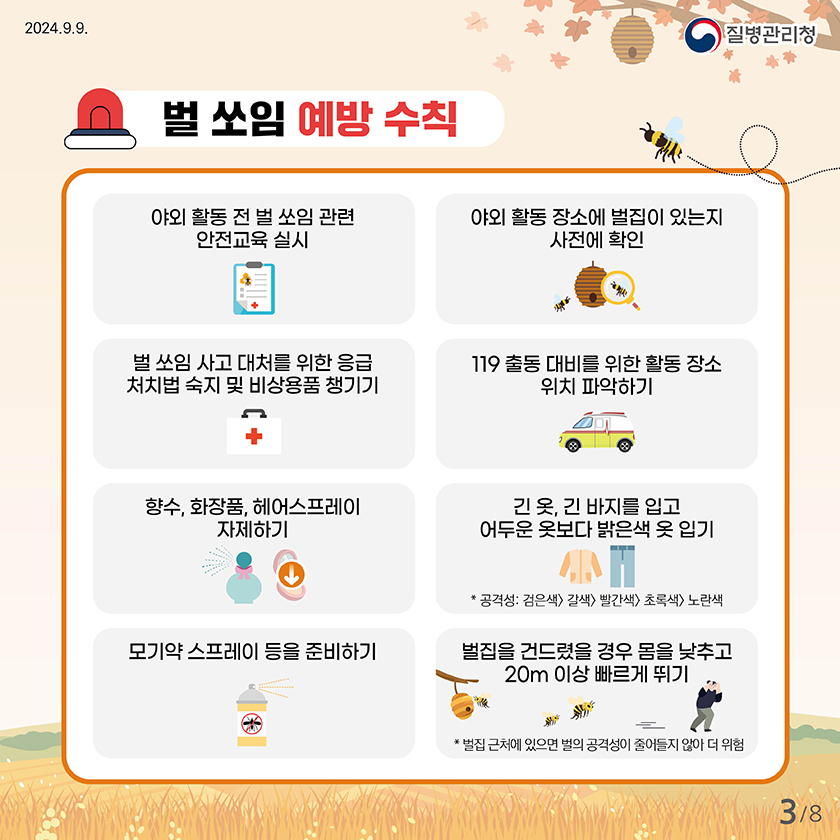 벌 쏘임 예방 수칙 야외 활동 전 벌 쏘임 관련 안전교육 실시 벌 쏘임 사고 대처를 위한 응급처치법 숙지 및 비상용품 챙기기 향수, 화장품, 헤어스프레이 자제하기 모기약 스프레이 등을 준비하기 야외 활동 장소에 벌집이 있는지 사전에 확인 119 출동 대비를 위한 활동 장소 위치 파악하기 긴 옷, 긴 바지를 입고 어두운 옷보다 밝은색 옷 입기 * 공격성> 갈색< 빨간색> 초록색> 노란색 벌집을 건드렸을 경우 몸을 낮추고 20m 이상 빠르게 뛰기 * 벌집 근처에 있으면 벌의 공격성이 줄어들지 않아 더 위험