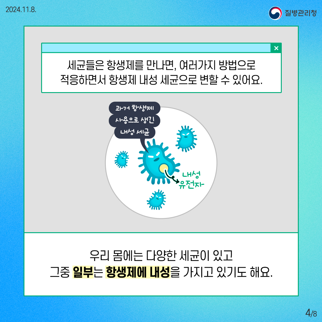 2024. 11. 8. 질병관리청 4/8 세균들은 항생제를 만나면, 여러가지 방법으로 적응하면서 항생제 내성 세균으로 변할 수 있어요. 우리 몸에는 다양한 세균이 있고 그중 일부는 항생제에 내성을 가지고 있기도 해요.(과거의 항생제 사용으로 생긴 내성 세균, 내성 유전자)