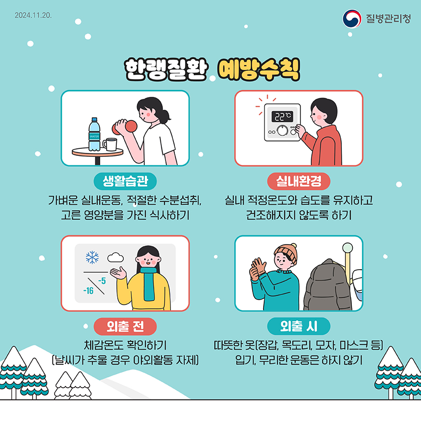 한랭질환 예방수칙 생활습관 실내환경 외출전 외출시