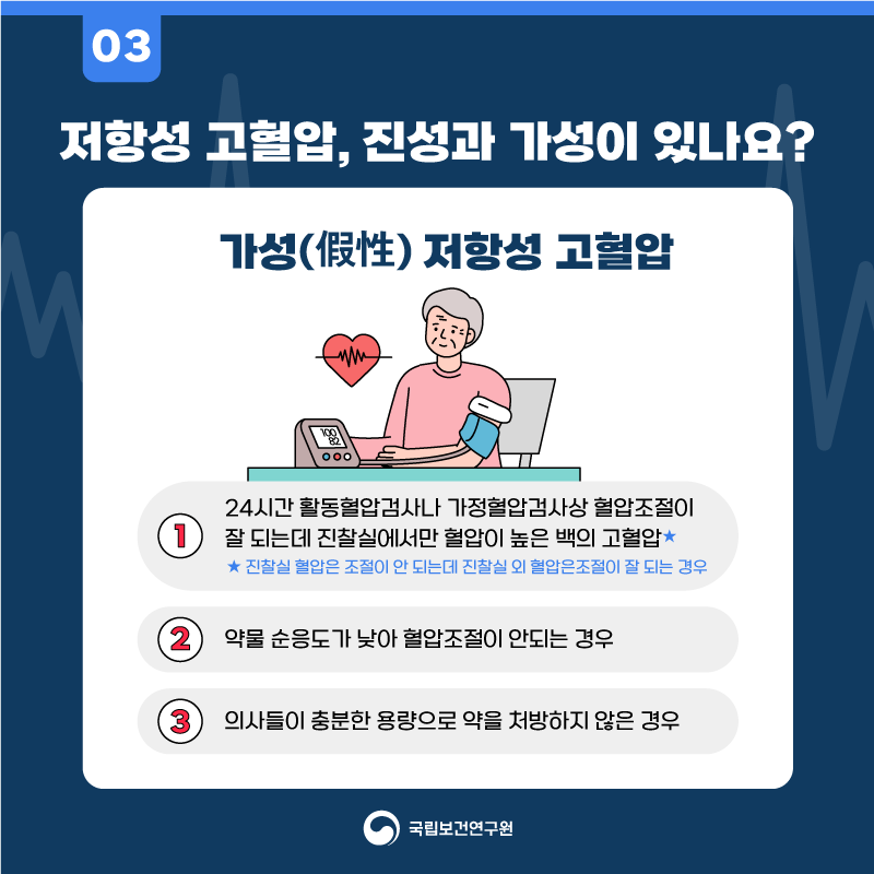03 저항성고혈압, 진성과 가성이 있나요? 가성(假性) 저항성 고혈압 1 24시간 활동혈압검사나 가정혈압검사상 혈압조절이 잘 되는데 진찰실에서만 혈압이 높은 백의 고혈압 진찰실 혈압은 조절이 안되는데 진찰실 외 혈압은 조절이 잘 되는 경우 2 약물 순응도가 낮아 혈압조절이 안되는 경우 3 의사들이 충분한 용량으로 약을 처방하지 않은 경우 국립보건연구원