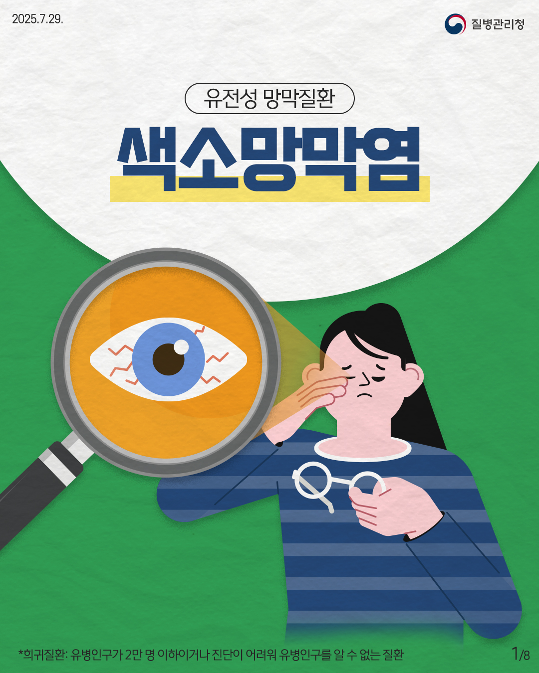 2025.7.29. 질병관리청 1P 유전성 망막질환 색소망막염 *희귀질환: 유병인구가 2만 명 이하이거나 진단이 어려워 유병인구를 알 수 없는 질환