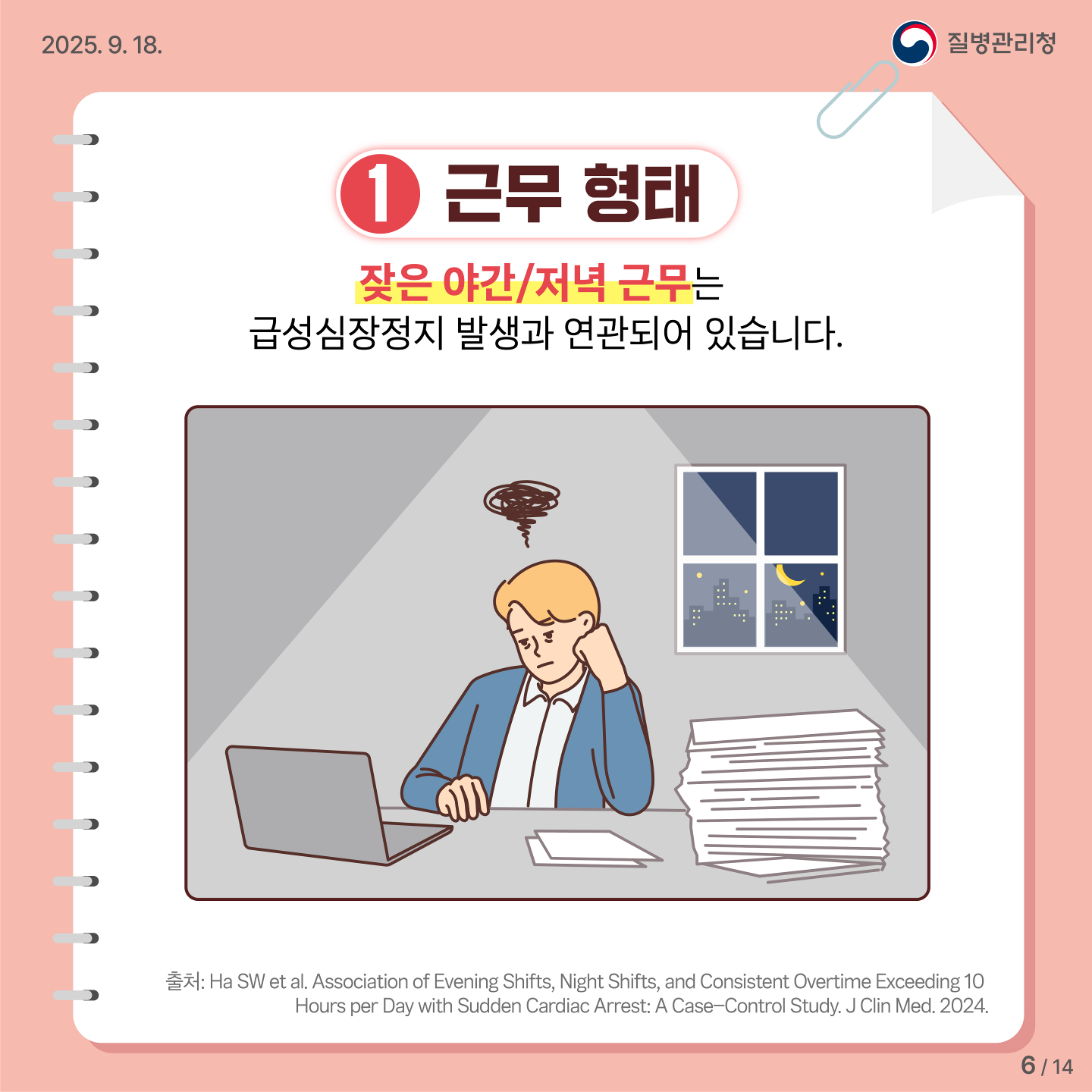 1.근무형태. 잦은 야간/저녁 근무는 급성심장정지 발생과 연관되어 있습니다. 출처 Ha SW et al. Association of Evening Shifts, Night Shifts, and Consistent Overtime Exceeding 10 Hours per Day with Sudden Cardiac Arrest: A Case-Control Study. J Clin Med. 2024.