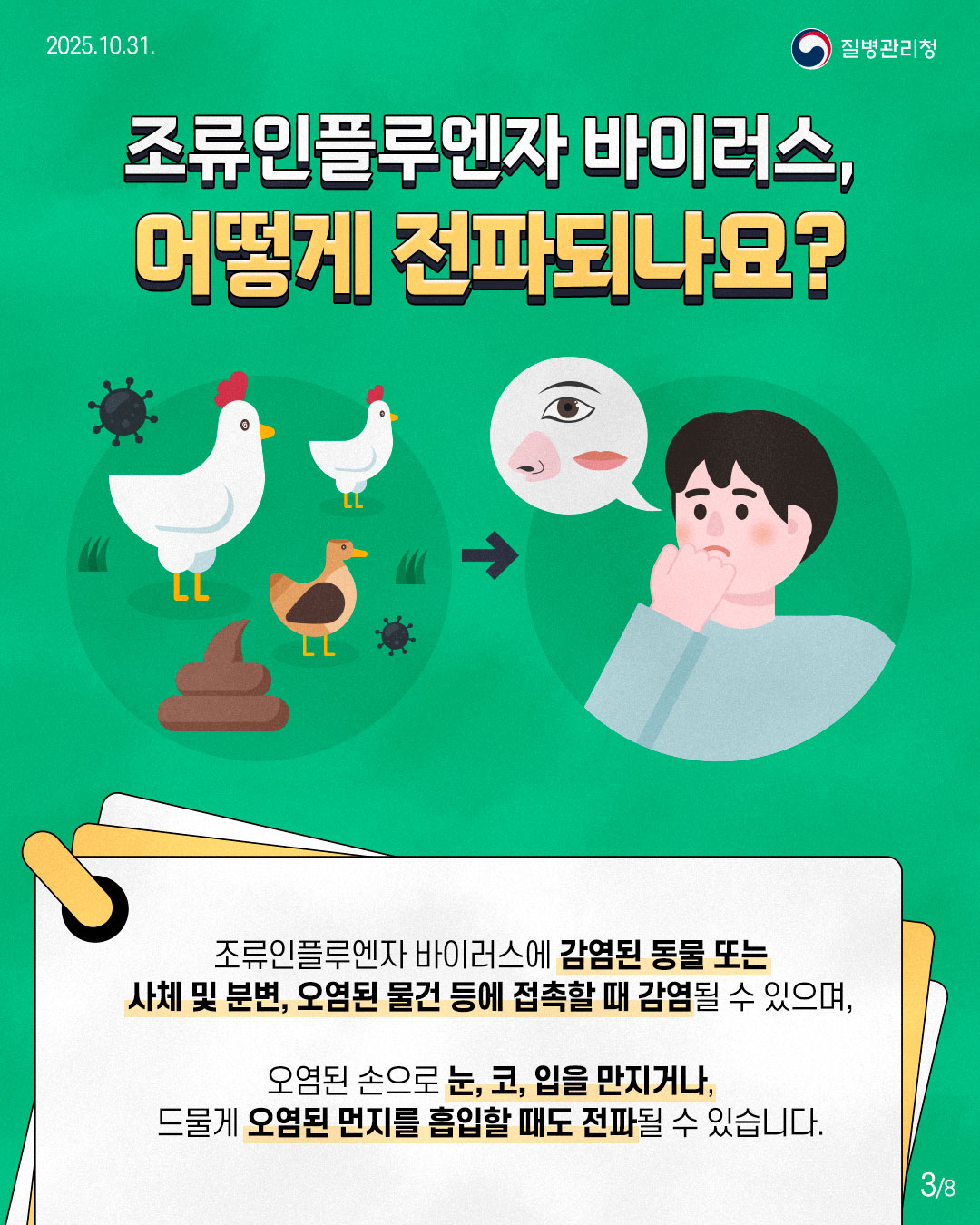 조류인플루엔자 바이러스, 어떻게 전파되나요? 조류인플루엔자 바이러스에 감염된 동물 또는 사체 및 분변, 오염된 물건 등에 접촉할 때 감염될 수 있으며, 오염된 손으로 눈, 코, 입을 만지거나, 드물게 오염된 먼지를 흡입할 때도 전파될 수 있습니다.