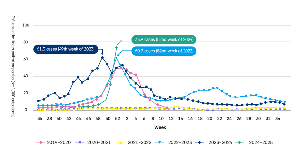 2019-2020절기부터 2024-2025절기까지 주차별 인플루엔자 의사환자 발생분율 추이를 보여주는 선 그래프