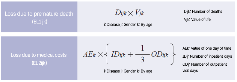 
			  - 조기사망으로 인한 손실(EL1ijk) :Dijk * Vjk ◎i:질병◎j:성별◎k:연령별 ◎Dijk:사망자 수 ◎Vjk:생명의 가치
			  - 의료이용으로 인한 손실(EL2ijk) :AEk * { IDijk + 1/3 ODijk }  ◎i:질병◎j:성별◎k:연령별 ◎AEk:1일 시간의 가치 ◎IDijk: 입원일수 ◎ODijk:외래방문일수
			  
