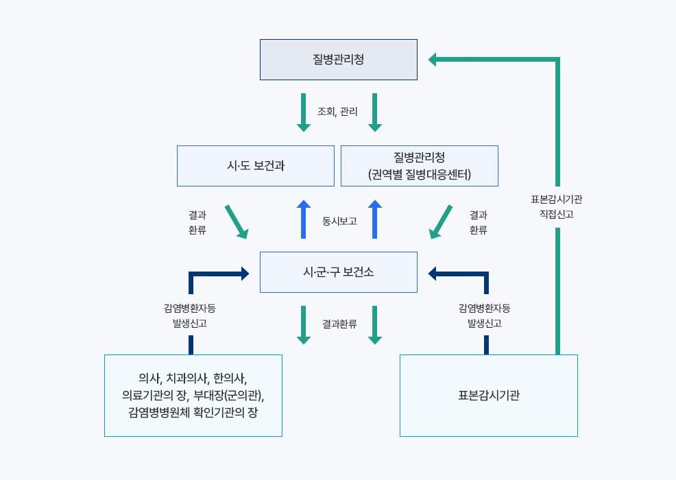 감염병 환자 발생 신고 및 보고 체계 흐름도