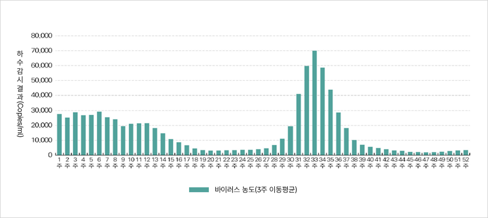 주차별 하수 감시 결과 바이러스 농도 그래프. 1주차부터 52주차까지 변화 추세 표시