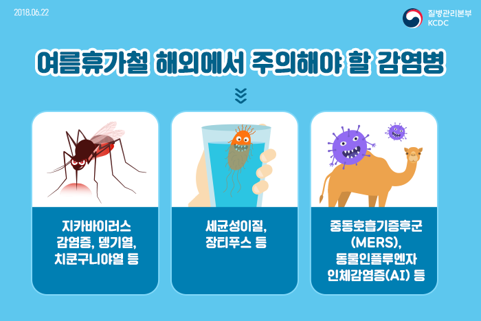 여름 휴가철 해외에서 주의해야 할 감염병 지카바이러스 감염증, 뎅기열, 치쿤구니야열 등 세균성이질, 장티푸스 등, 중동호흡기증후군(MERS), 동물인플루엔자 인체감염증(AI) 등
