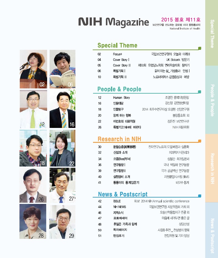 국립보건연구원 종합홍보지인 NIH Magazine 11호 목차입니다. 왼쪽에 인터뷰에 응해주신 10분의 사진이 나열되어 있습니다. 목차는 크게 스페셜 테마, 리서치 인 NIH, 피플 앤 피플, 뉴스 앤 포스트스크립으로 나눠집니다. 스페셜 테마에는 2쪽 국립보건연구원의 오늘과 미래부터 시작됩니다. 그 뒤로 영국 바이오뱅크 방문기, 제50회 유럽당뇨학회 연례학술대회 참석기가 이어지고 특별기획으로 기생충과 인생, 노로바이러스 감염증상과 예방이 있습니다.